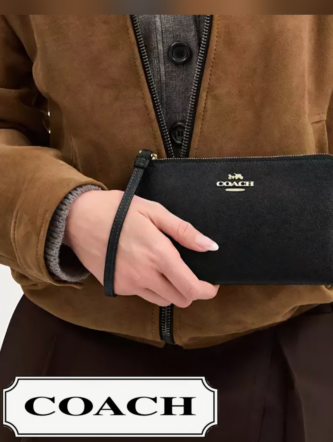 Coach Large Corner Zip Wristlet In Black Leather W/Gold Logo And Hardware. New!
